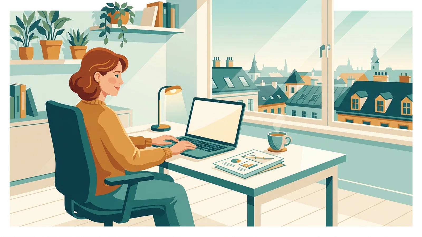 Homeoffice-Pauschale Österreich — Illustration einer Frau am Heimarbeitsplatz mit Blick auf Wiener Dächer