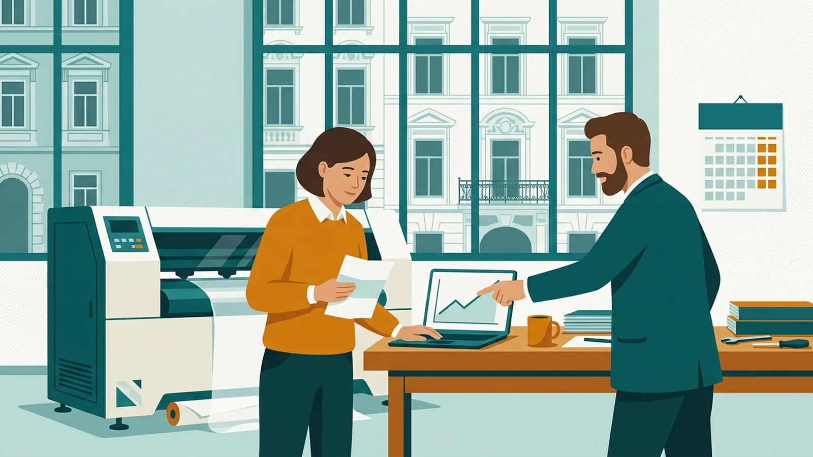 Investitionsfreibetrag Österreich — Illustration einer Unternehmerin mit neuer Maschine und Rechnung, die mit einem Berater die Investition bespricht