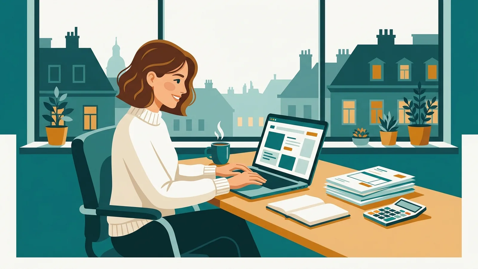 Kleinunternehmerregelung Österreich — Illustration einer Selbständigen am Schreibtisch mit Rechnungen und Rechner