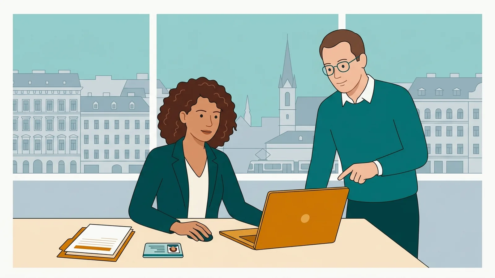 Steuernummer beantragen — Illustration zur Anmeldung beim Finanzamt in Österreich: Gründerin füllt den Fragebogen am Laptop aus